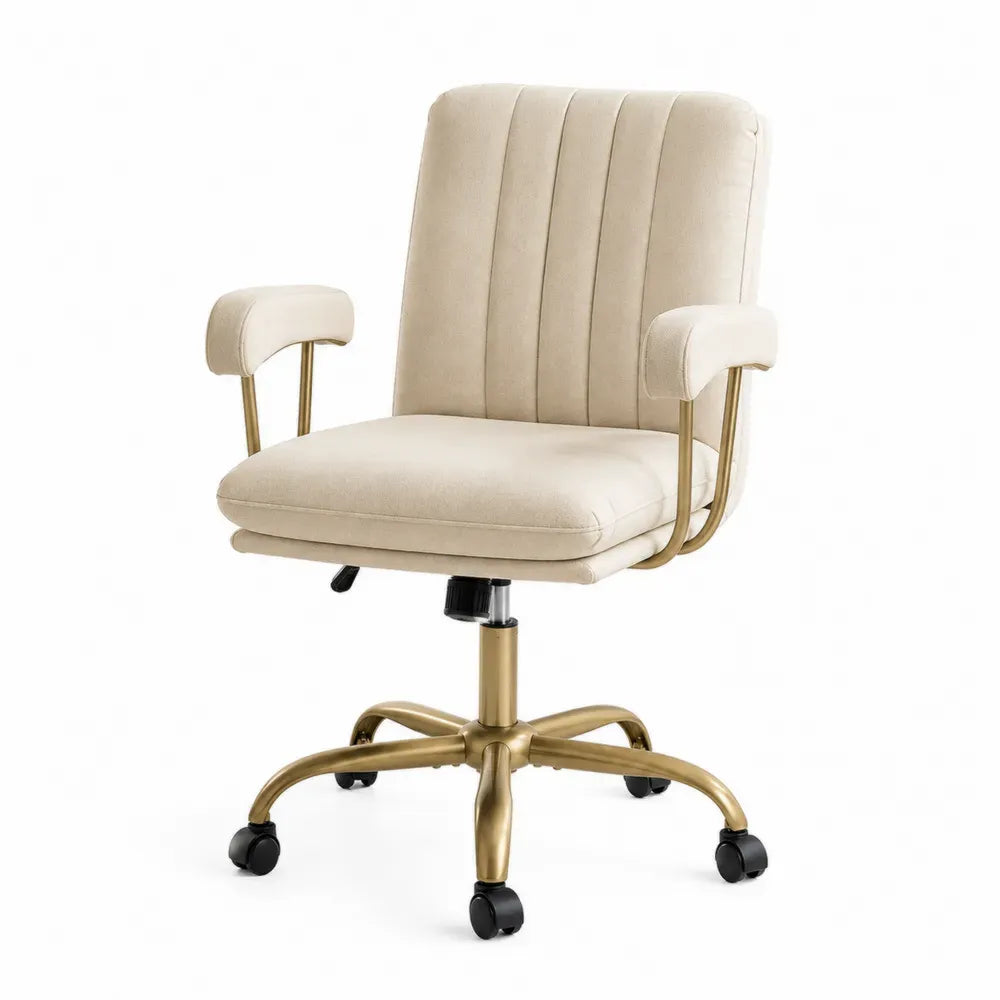 Silla de oficina giratoria con ruedas tapizado beige base metálica dorada altura regulable 60 x 60 x 90 cm
