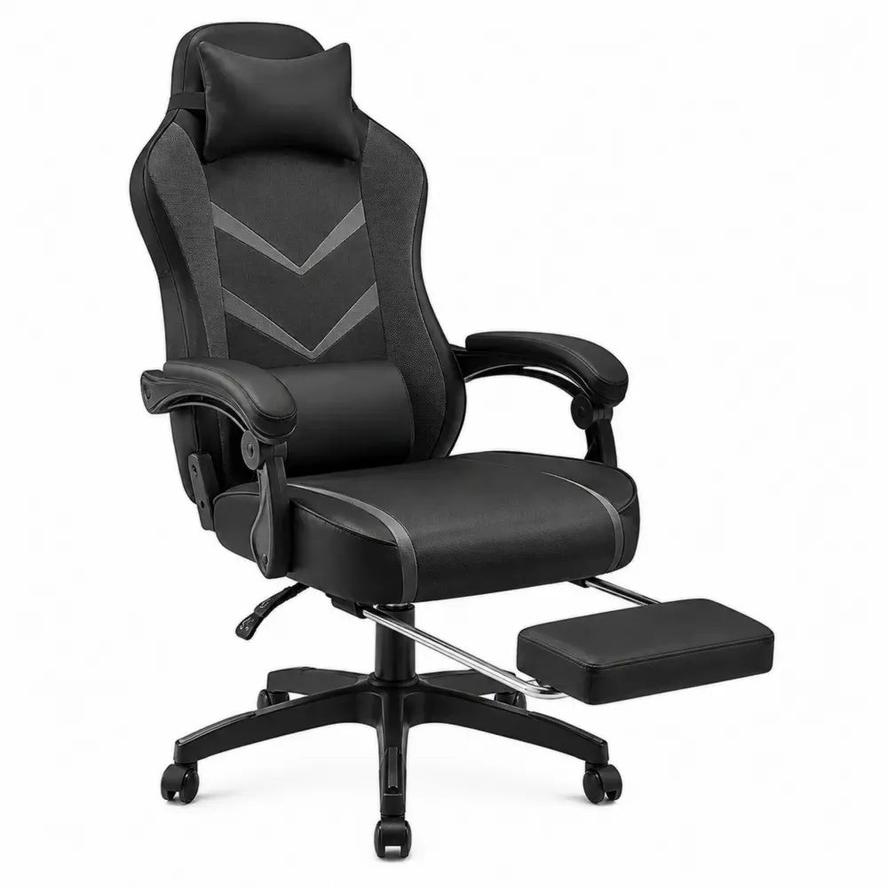 Silla de oficina reclinable giratoria con reposapiés reposacabezas soporte lumbar PU y tela negro gris oscuro 65 cm x 70 cm x 125 cm