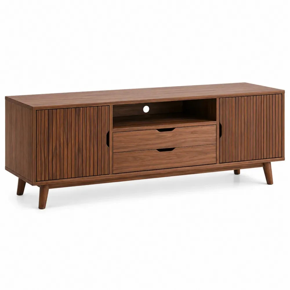 mueble para TV de salón en madera efecto nogal 170 cm x 40 cm x 55 cm con puertas correderas ranuradas y cajones de almacenamiento