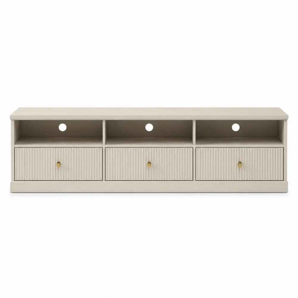 Mueble para TV rectangular de tablero de partículas melaminado roble beige con 3 cajones ranurados y estantes abiertos 140 x 40 x 60 cm