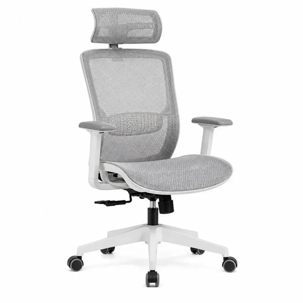 Silla de oficina giratoria con reposacabezas respaldo de malla asiento acolchado gris claro y blanco 60 cm x 60 cm x 125 cm