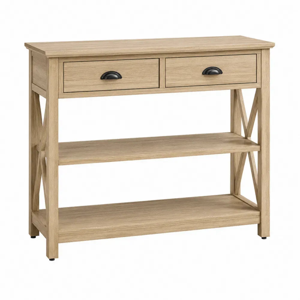 Mesa consola 120 cm x 40 cm x 80 cm madera de ingeniería acabado roble natural con 2 cajones y estantes abiertos