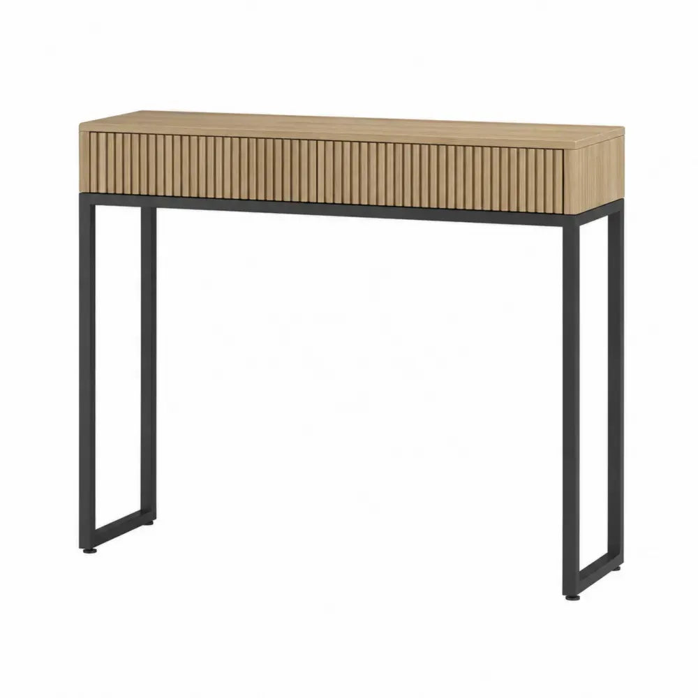 Mesa consola 100 cm x 35 cm x 80 cm madera de ingeniería con cajón estriado y estructura metálica negra