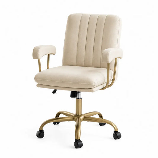 Silla de oficina giratoria con ruedas tapizado beige base metálica dorada altura regulable 60 x 60 x 90 cm