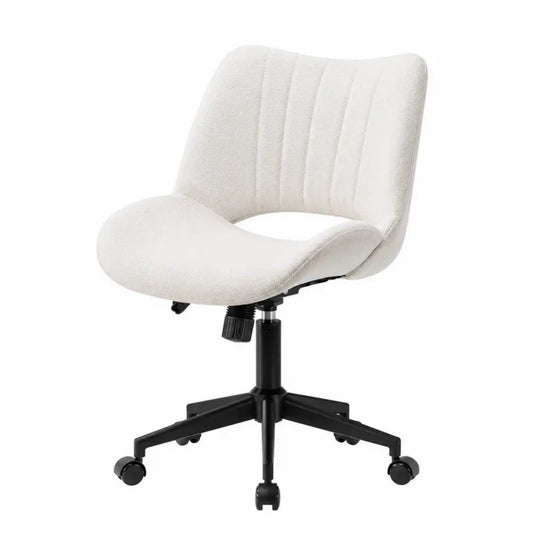 Silla de oficina giratoria tapizada en tela blanca con ruedas base negra ajustable