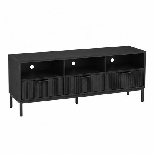 Mueble de TV almacenamiento negro MDF acero con cajones estantes abiertos 180 cm 40 cm 50 cm