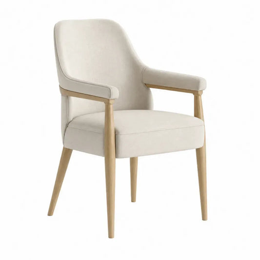 silla de comedor tapizada con reposabrazos estructura de madera maciza color beige madera natural 58 cm x 60 cm x 85 cm