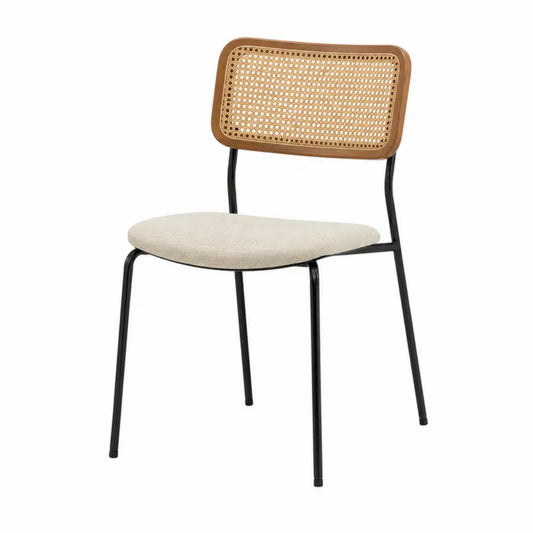 Silla de comedor con respaldo de ratán sintético asiento tapizado beige y estructura de acero negro 55 x 58 x 84 cm