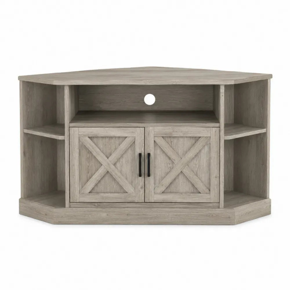 mueble de TV en esquina roble gris 120 cm x 80 cm x 60 cm con armario doble y estantes abiertos en melamina de madera