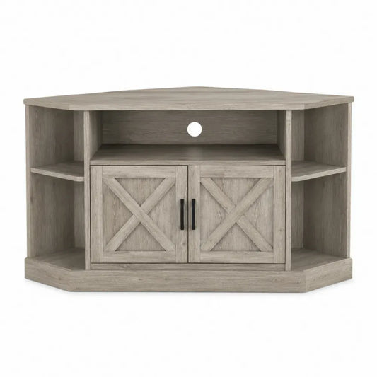 mueble de TV en esquina roble gris 120 cm x 80 cm x 60 cm con armario doble y estantes abiertos en melamina de madera