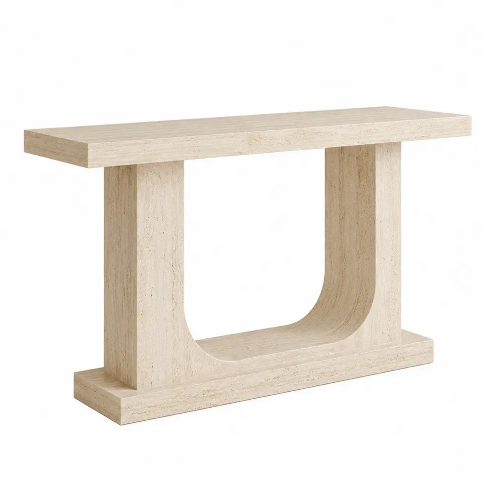 Mesa consola 140 cm x 35 cm x 80 cm madera de ingeniería acabado efecto travertino beige arena base en U abierta