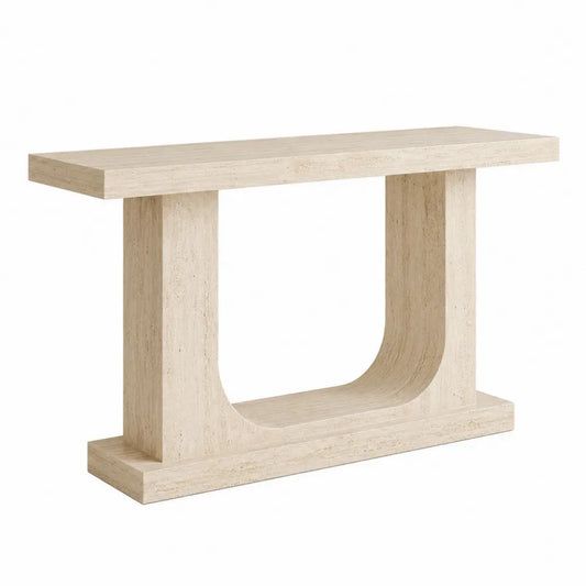 Mesa consola 140 cm x 35 cm x 80 cm madera de ingeniería acabado efecto travertino beige arena base en U abierta