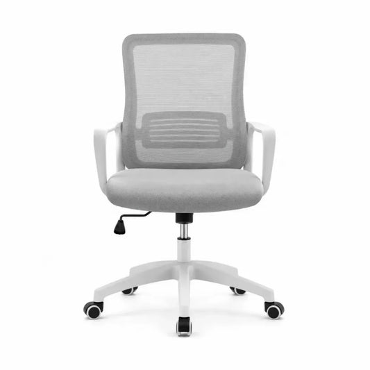 Silla de oficina giratoria ergonómica de malla con reposabrazos y base blanca altura regulable