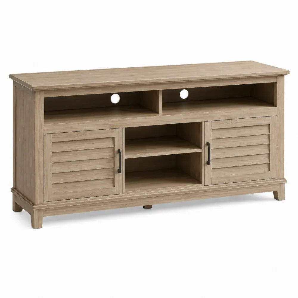 Mueble para TV rectangular de tablero de partículas laminado roble claro con puertas ranuradas y estantes 140 x 40 x 60 cm