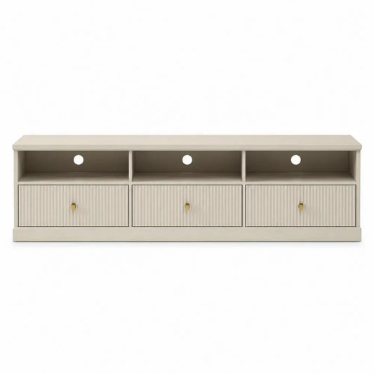 Mueble para TV rectangular de tablero de partículas melaminado roble beige con 3 cajones ranurados y estantes abiertos 140 x 40 x 60 cm