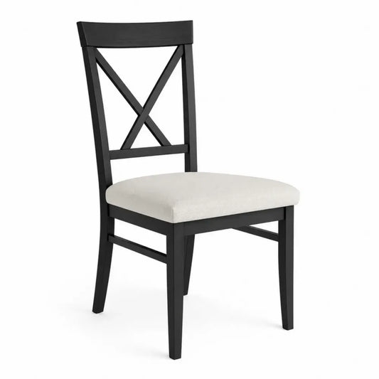 silla de comedor con respaldo cruzado estructura de madera maciza asiento tapizado beige y negro 45 cm x 50 cm x 85 cm