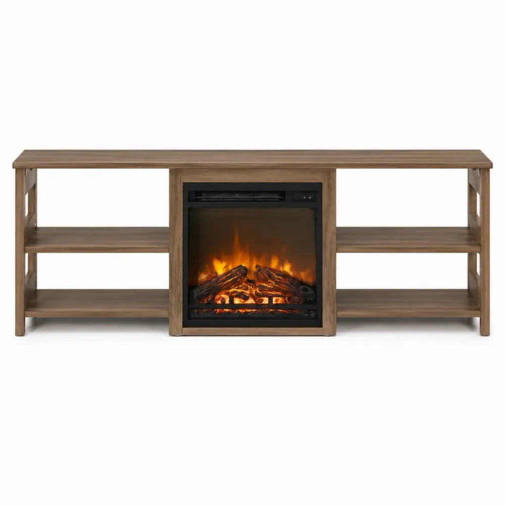 Mueble para TV con chimenea eléctrica integrada efecto madera roble y estantes abiertos 180 x 40 x 60 cm