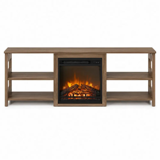 Mueble para TV con chimenea eléctrica integrada efecto madera roble y estantes abiertos 180 x 40 x 60 cm