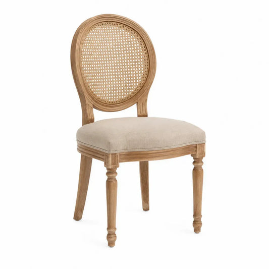silla de comedor con respaldo de ratán estructura de madera maciza asiento tapizado beige 48 cm x 52 cm x 85 cm