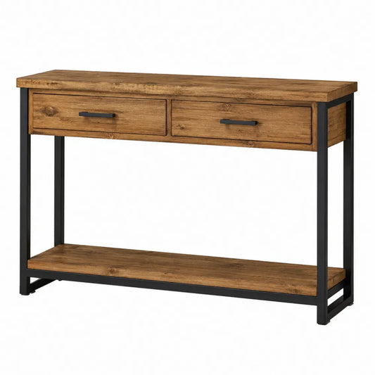 mesa consola de salón de 120 cm 40 cm 80 cm con 2 cajones estructura metálica negra estante inferior madera natural MDF diseño moderno