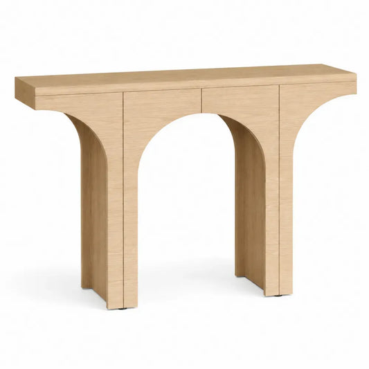 Mesa consola de MDF con chapa de roble claro estructura abierta con arcos 120 x 35 x 80 cm