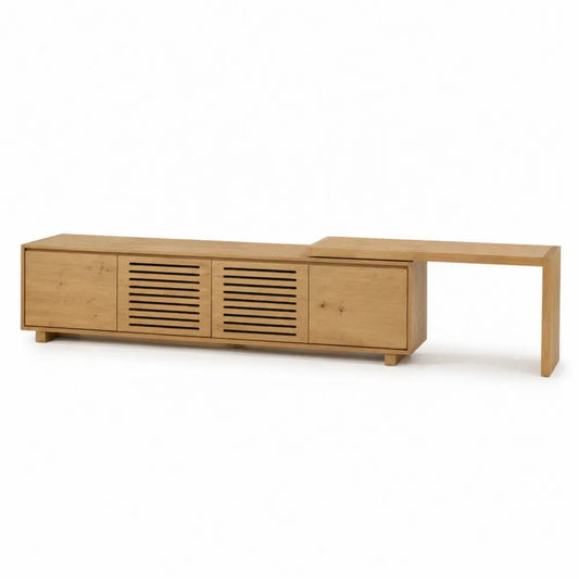 mueble para TV roble natural 200 cm x 40 cm x 55 cm con puertas correderas ranuradas estantes centrales y extensión lateral