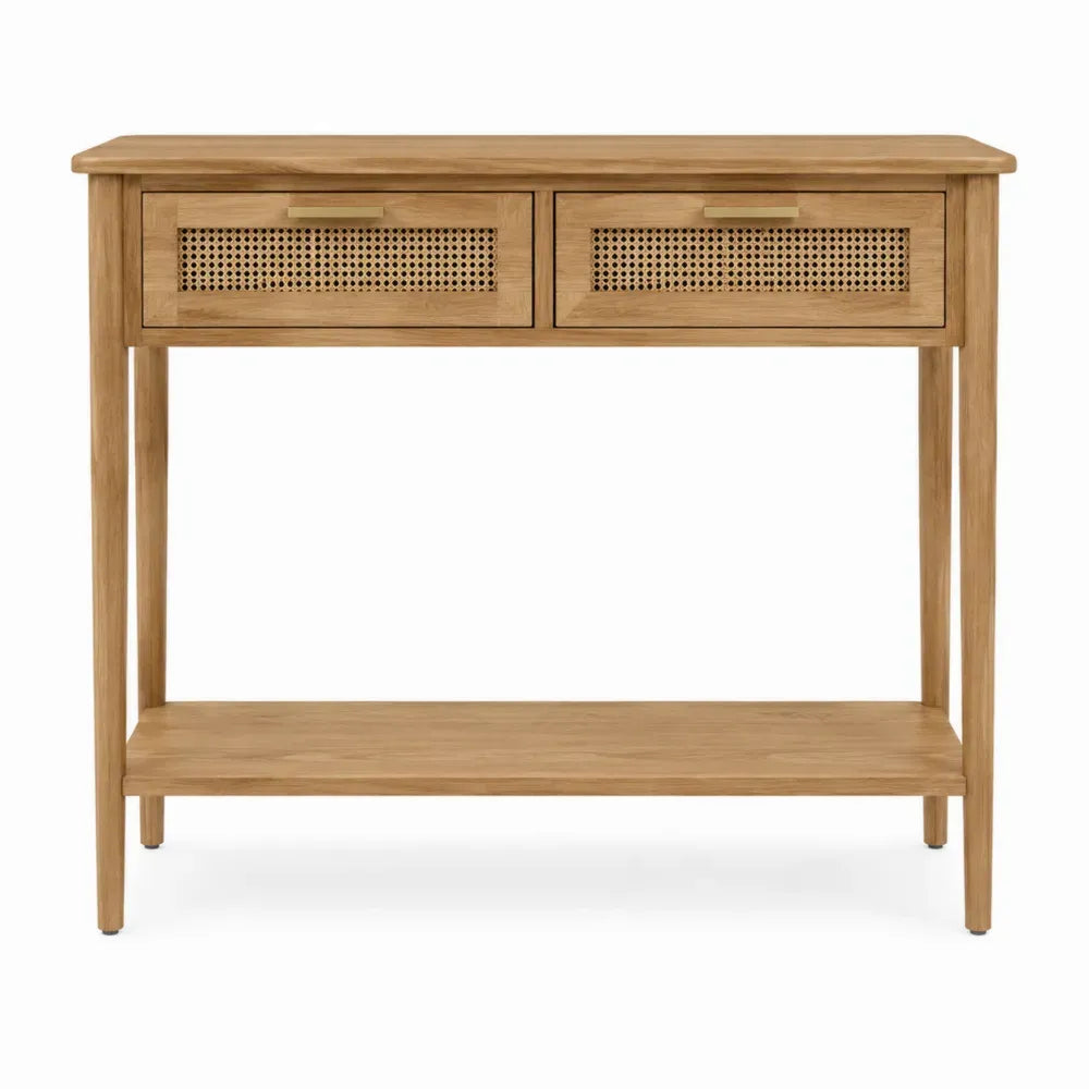 mesa consola de salón con 2 cajones de ratán estante inferior estructura MDF madera natural 100 cm 35 cm 80 cm