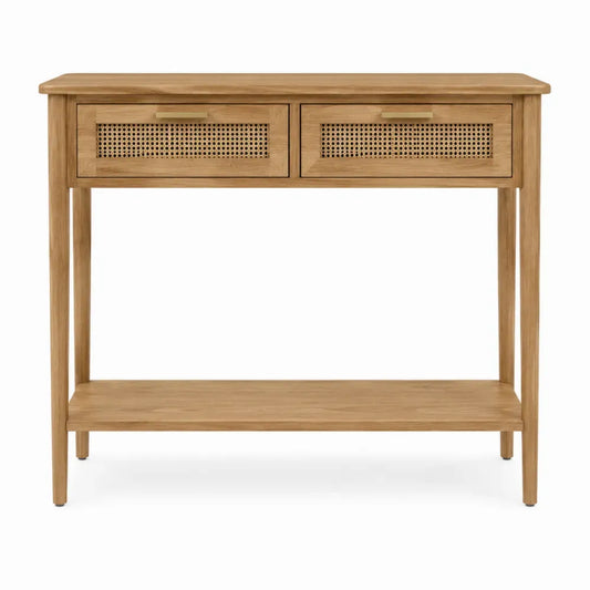 mesa consola de salón con 2 cajones de ratán estante inferior estructura MDF madera natural 100 cm 35 cm 80 cm