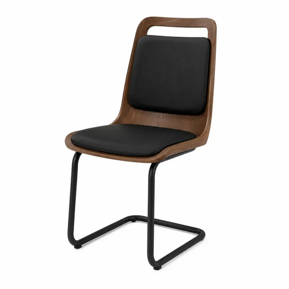 Silla de comedor cantilever con asiento tapizado negro respaldo de madera contrachapada efecto nogal y estructura de acero negro 55 x 58 x 82 cm