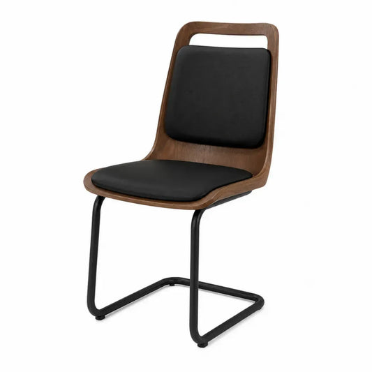 Silla de comedor cantilever con asiento tapizado negro respaldo de madera contrachapada efecto nogal y estructura de acero negro 55 x 58 x 82 cm