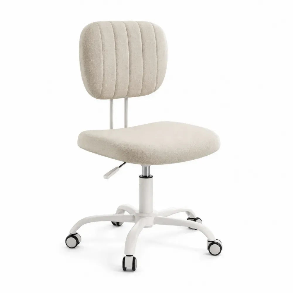 Silla de oficina giratoria tapizada en poliéster beige con base blanca de 5 ruedas y altura regulable 60 x 60 x 84 a 94 cm
