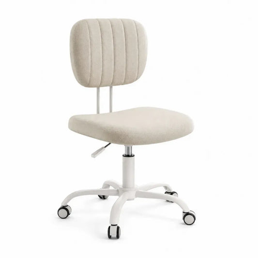 Silla de oficina giratoria tapizada en poliéster beige con base blanca de 5 ruedas y altura regulable 60 x 60 x 84 a 94 cm