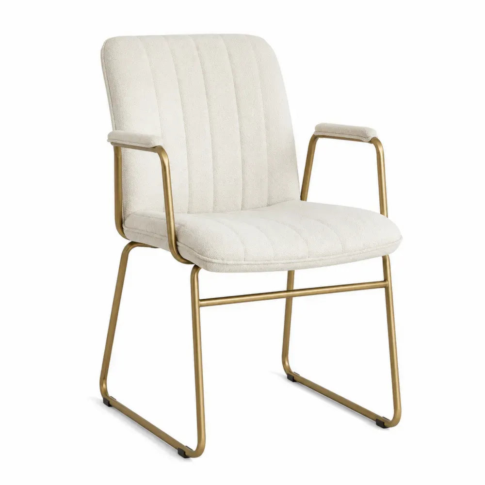 Silla de oficina fija con reposabrazos tapizada en tela beige estructura metálica dorada 55 cm x 55 cm x 85 cm