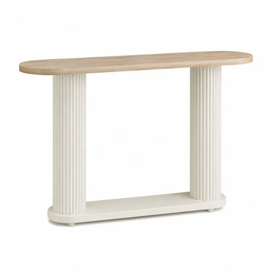 Mesa consola de MDF con tablero efecto roble claro y columnas estriadas blanco roto 120 x 35 x 80 cm