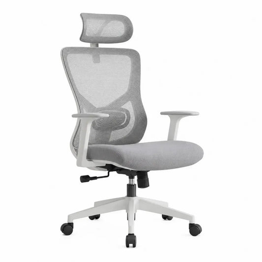 Silla de oficina ergonómica de malla transpirable con reposacabezas ajustable base giratoria con ruedas gris blanco 120 cm x 60 cm x 60 cm